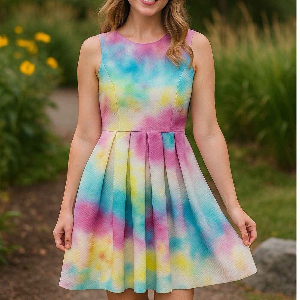Vintage Gay Gibson  Dress‎ 1960s Tie Dye Fit & Flare Lace Up Twirl Womens XS